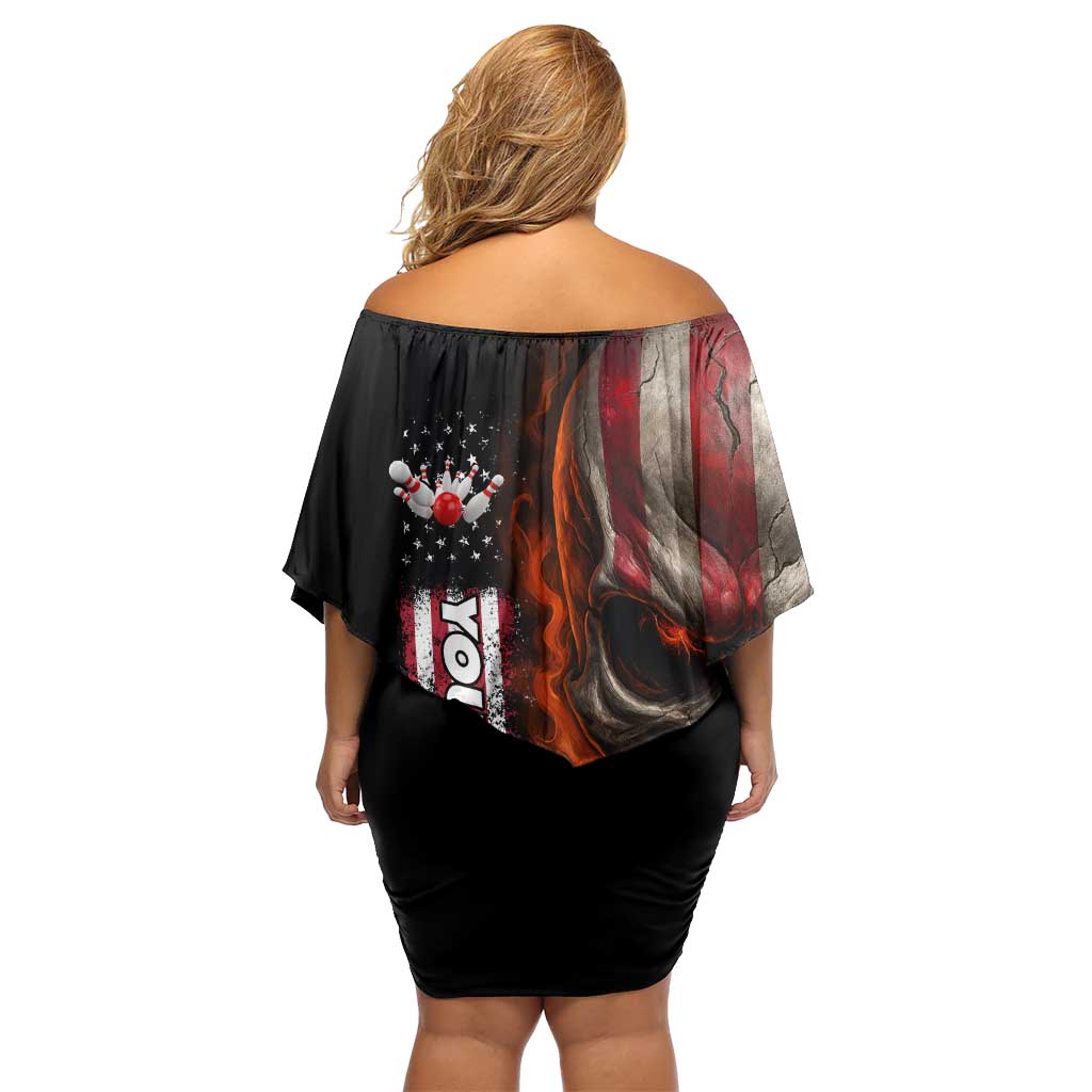 Custom American Flag Skull Off Shoulder Short Dress with Bowling Pins Flame Effect and Grunge Pattern - Wonder Print Shop