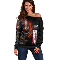 Custom American Flag Skull Off Shoulder Sweater with Bowling Pins Flame Effect and Grunge Pattern - Wonder Print Shop