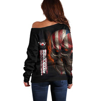 Custom American Flag Skull Off Shoulder Sweater with Bowling Pins Flame Effect and Grunge Pattern - Wonder Print Shop