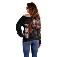 Custom American Flag Skull Off Shoulder Sweater with Bowling Pins Flame Effect and Grunge Pattern - Wonder Print Shop