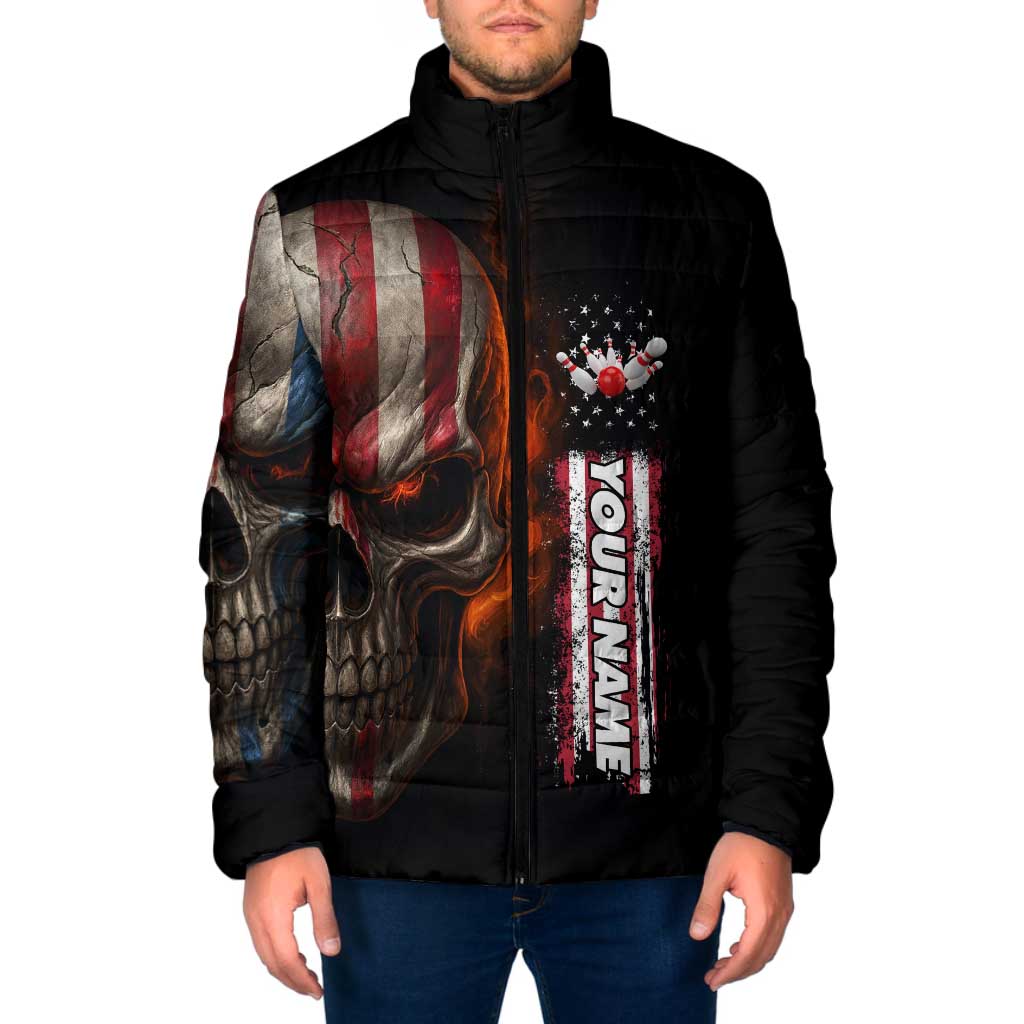 Custom American Flag Skull Padded Jacket with Bowling Pins Flame Effect and Grunge Pattern - Wonder Print Shop