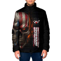 Custom American Flag Skull Padded Jacket with Bowling Pins Flame Effect and Grunge Pattern - Wonder Print Shop
