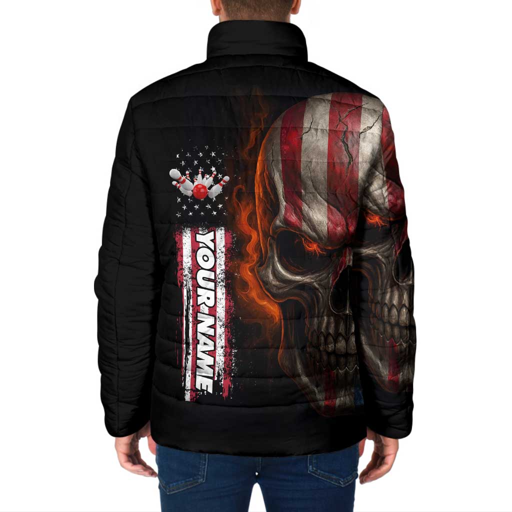 Custom American Flag Skull Padded Jacket with Bowling Pins Flame Effect and Grunge Pattern - Wonder Print Shop
