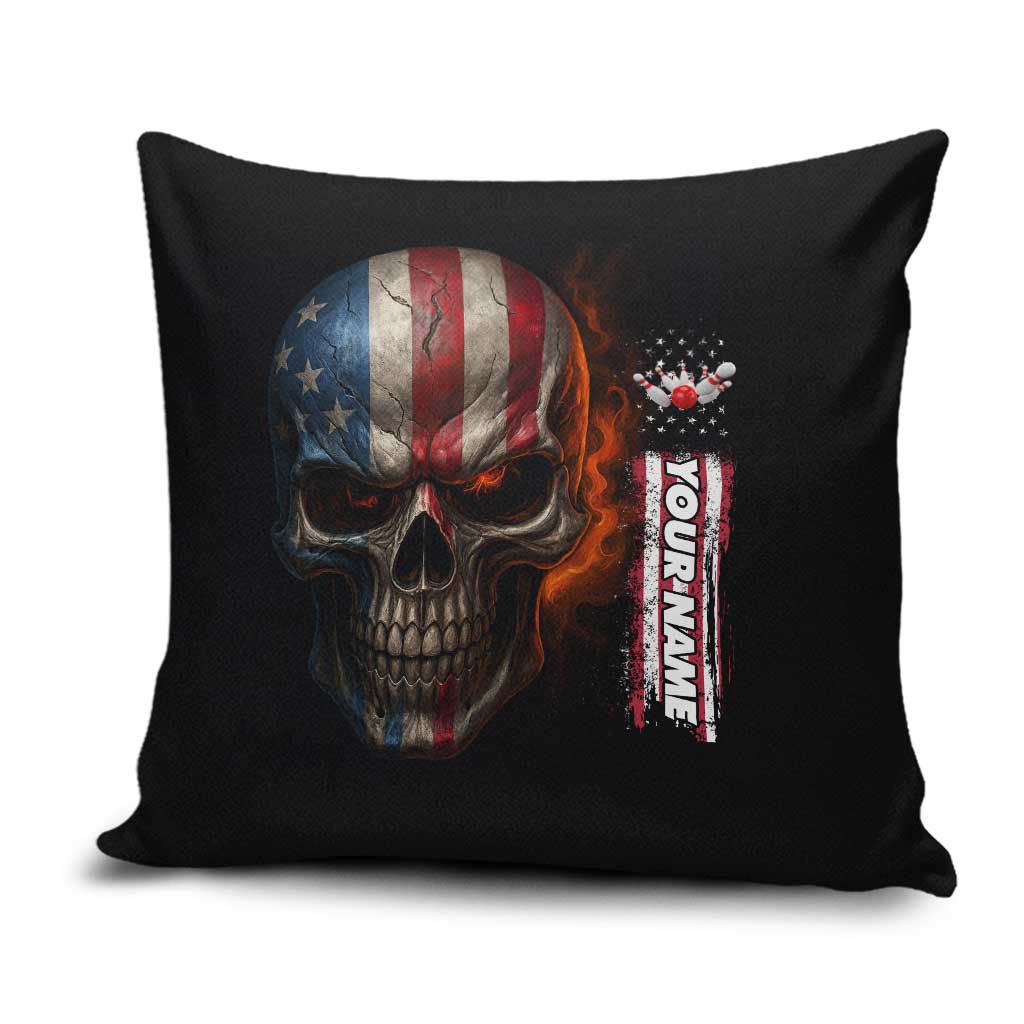 Custom American Flag Skull Pillow Cover with Bowling Pins Flame Effect and Grunge Pattern - Wonder Print Shop