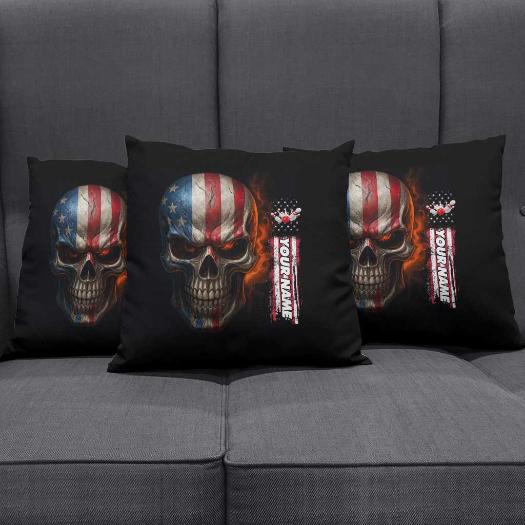 Custom American Flag Skull Pillow Cover with Bowling Pins Flame Effect and Grunge Pattern - Wonder Print Shop