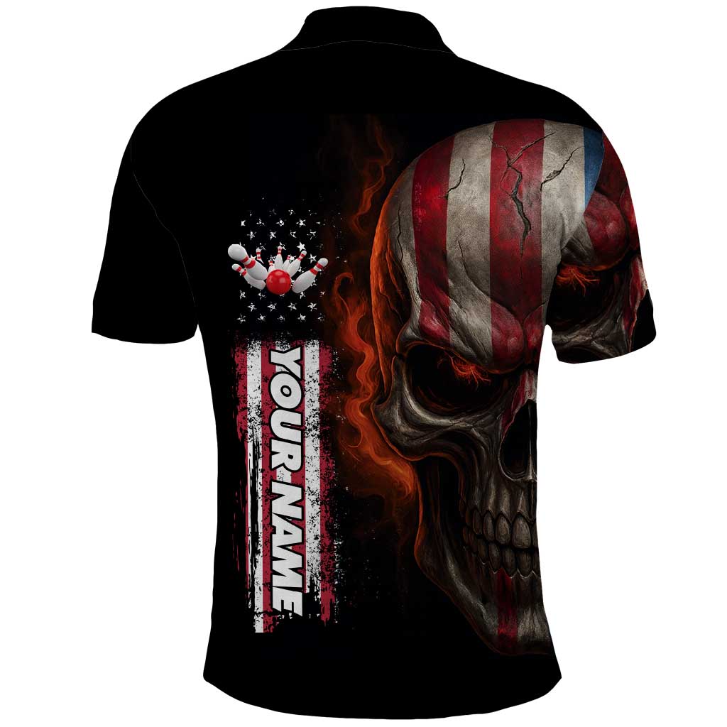 Custom American Flag Skull Polo Shirt with Bowling Pins Flame Effect and Grunge Pattern - Wonder Print Shop