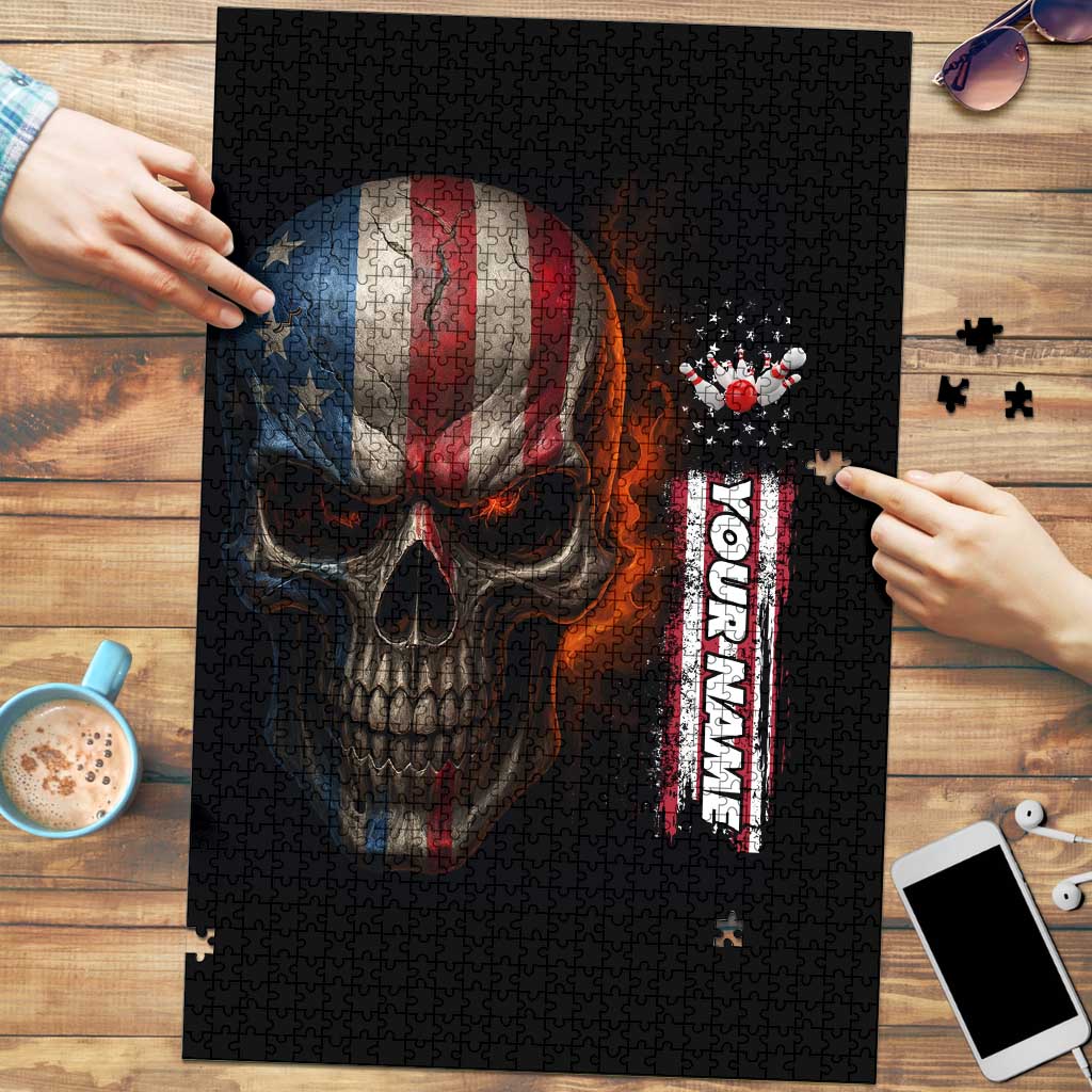 Custom American Flag Skull Puzzle with Bowling Pins Flame Effect and Grunge Pattern - Wonder Print Shop