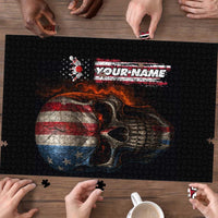 Custom American Flag Skull Puzzle with Bowling Pins Flame Effect and Grunge Pattern - Wonder Print Shop
