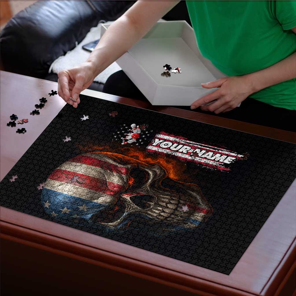 Custom American Flag Skull Puzzle with Bowling Pins Flame Effect and Grunge Pattern - Wonder Print Shop