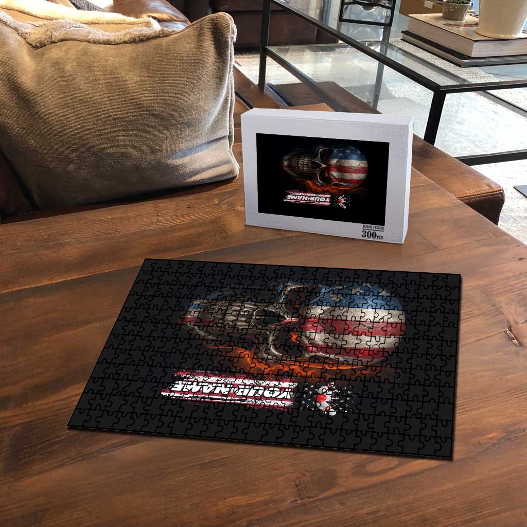 Custom American Flag Skull Puzzle with Bowling Pins Flame Effect and Grunge Pattern - Wonder Print Shop
