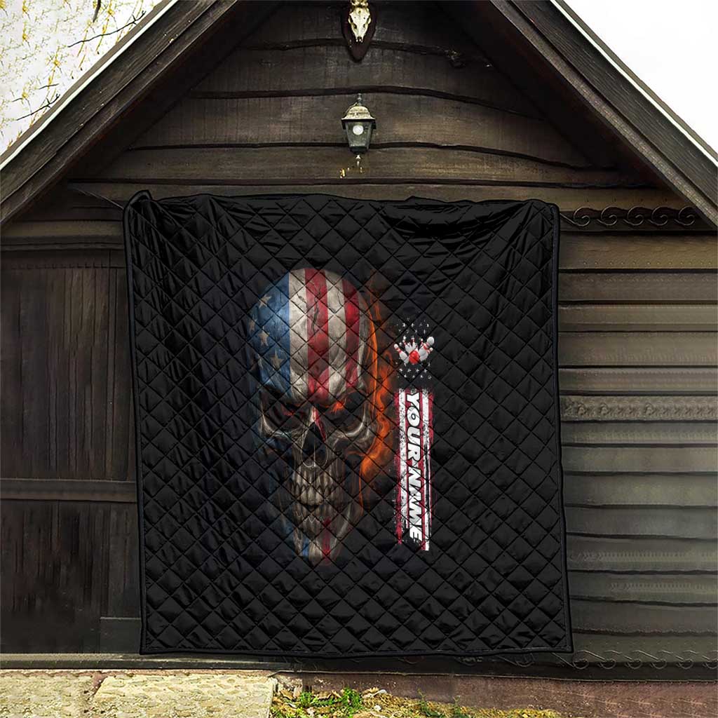 Custom American Flag Skull Quilt with Bowling Pins Flame Effect and Grunge Pattern - Wonder Print Shop