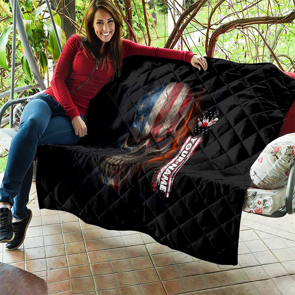 Custom American Flag Skull Quilt with Bowling Pins Flame Effect and Grunge Pattern - Wonder Print Shop