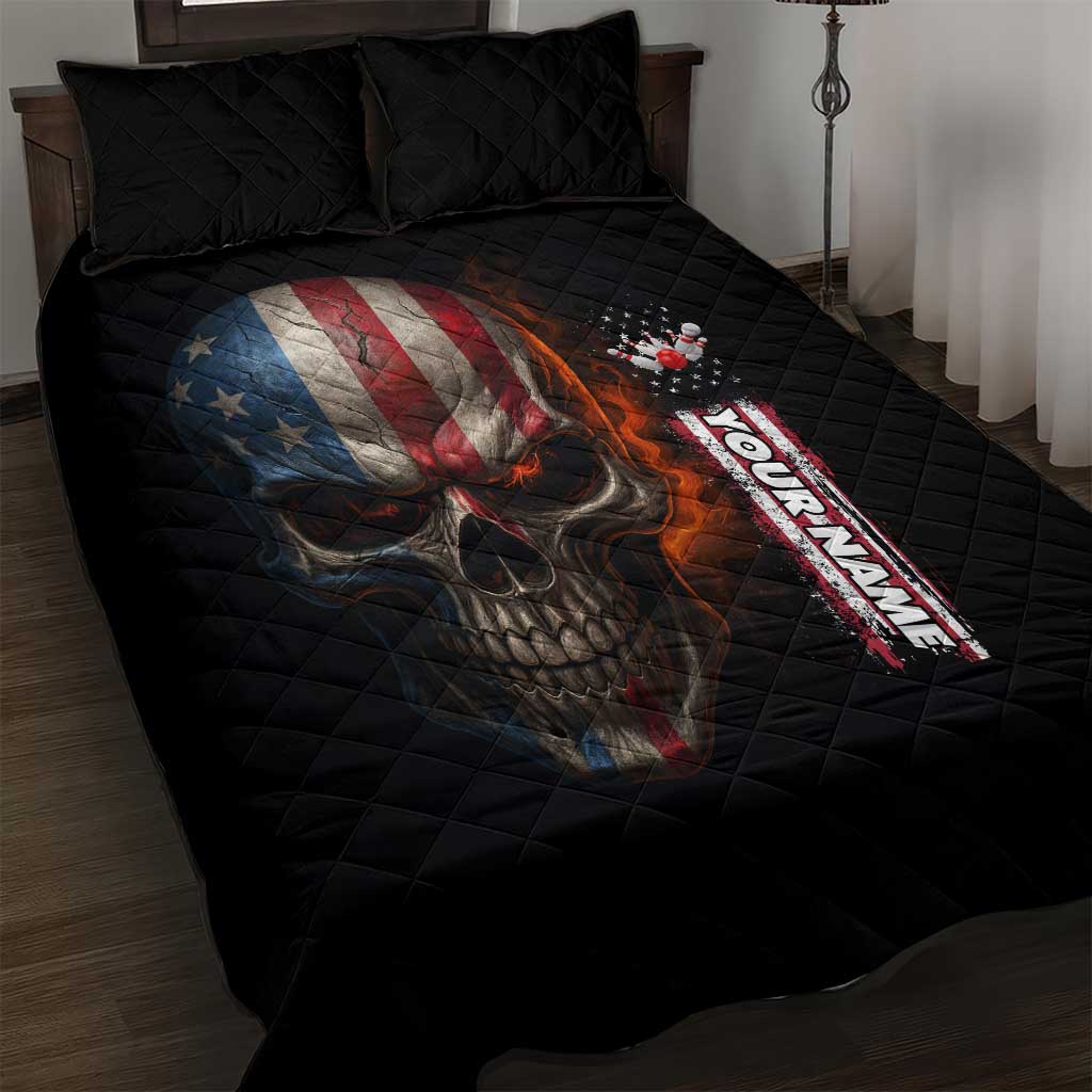 Custom American Flag Skull Quilt Bed Set with Bowling Pins Flame Effect and Grunge Pattern - Wonder Print Shop
