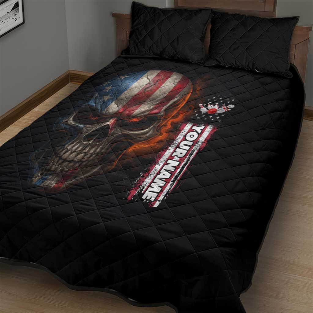 Custom American Flag Skull Quilt Bed Set with Bowling Pins Flame Effect and Grunge Pattern - Wonder Print Shop