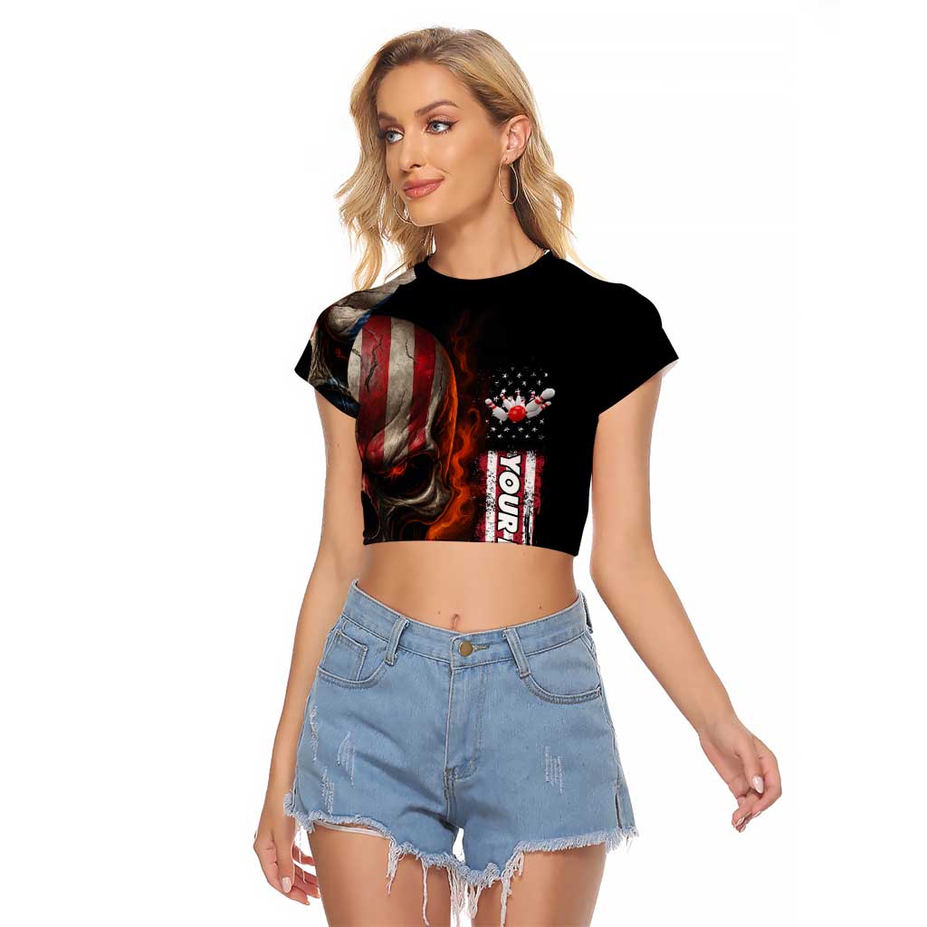 Custom American Flag Skull Raglan Cropped T Shirt with Bowling Pins Flame Effect and Grunge Pattern - Wonder Print Shop