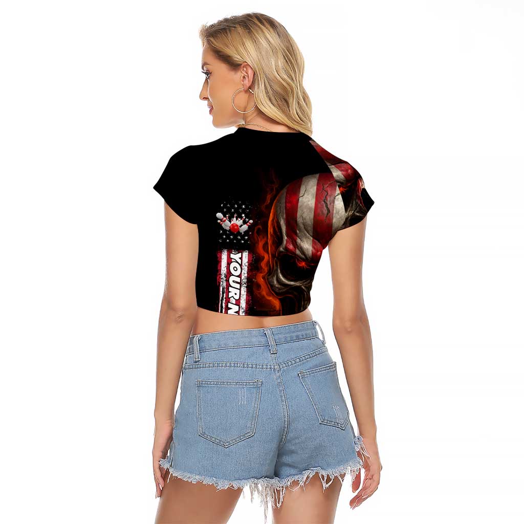 Custom American Flag Skull Raglan Cropped T Shirt with Bowling Pins Flame Effect and Grunge Pattern - Wonder Print Shop