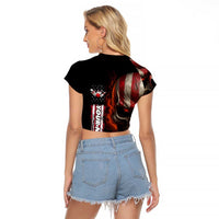 Custom American Flag Skull Raglan Cropped T Shirt with Bowling Pins Flame Effect and Grunge Pattern - Wonder Print Shop