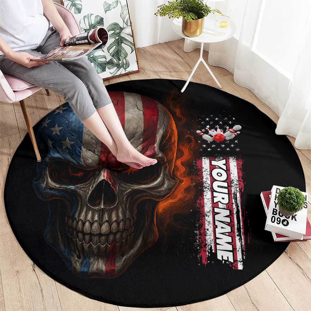 Custom American Flag Skull Round Carpet with Bowling Pins Flame Effect and Grunge Pattern - Wonder Print Shop