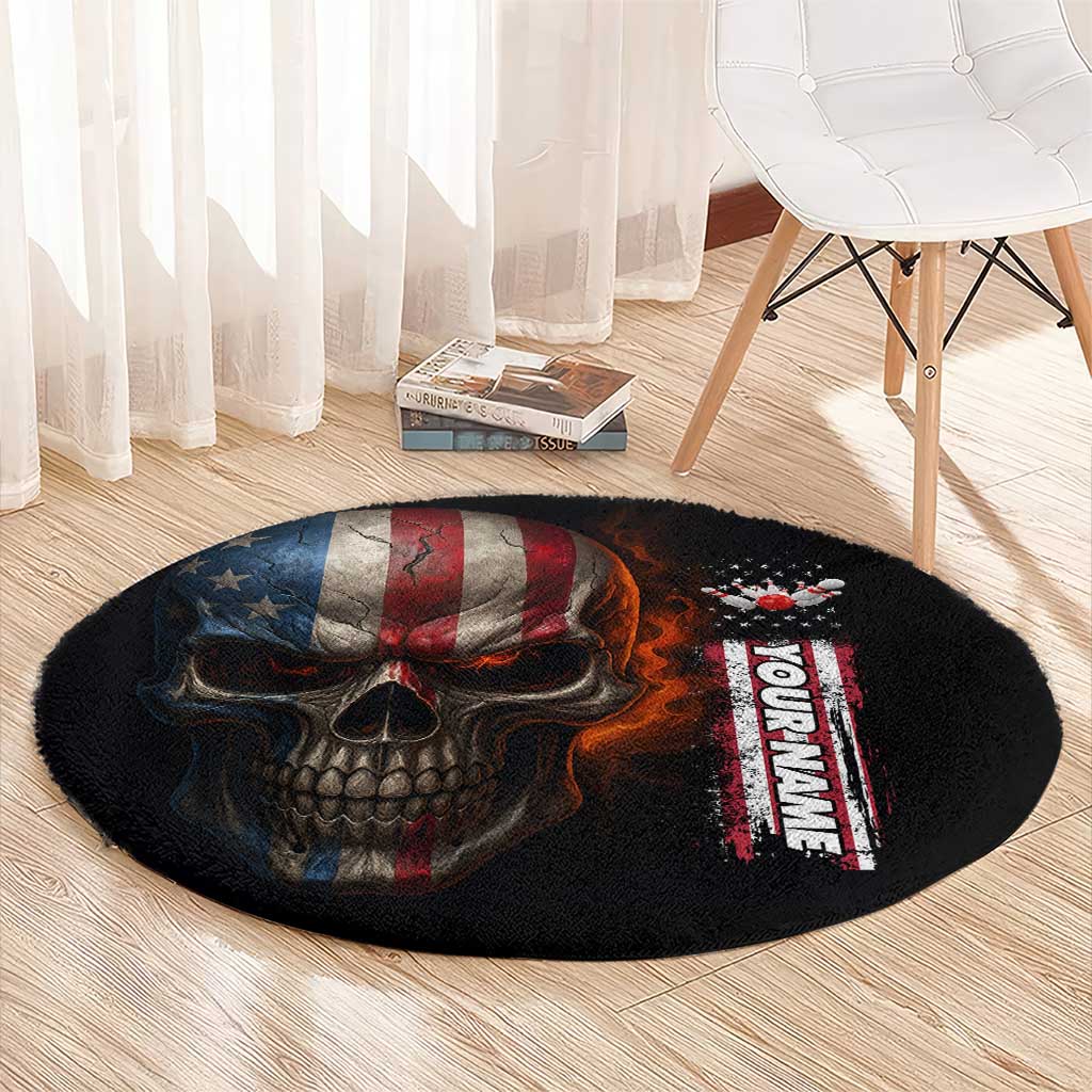 Custom American Flag Skull Round Carpet with Bowling Pins Flame Effect and Grunge Pattern - Wonder Print Shop