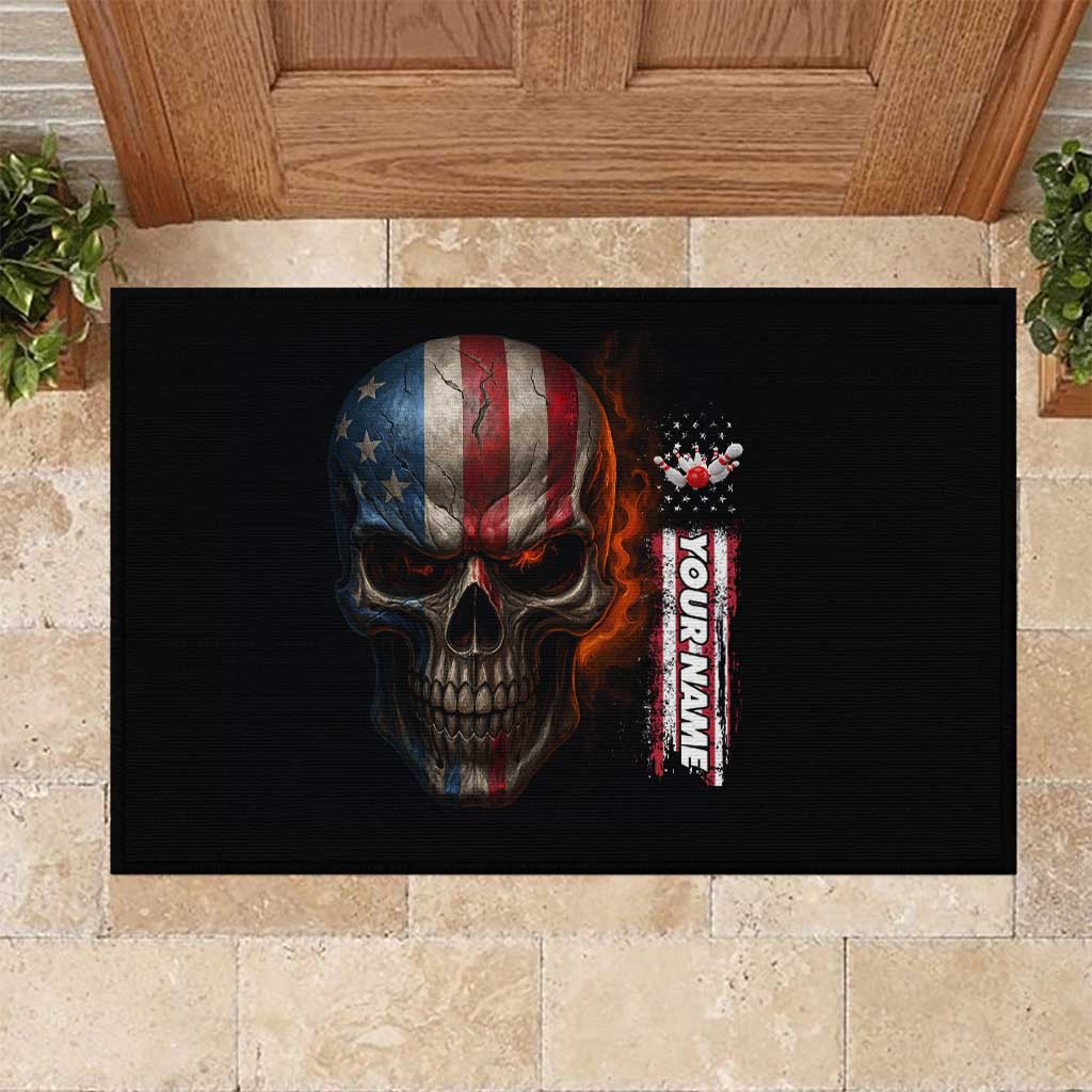 Custom American Flag Skull Rubber Doormat with Bowling Pins Flame Effect and Grunge Pattern - Wonder Print Shop