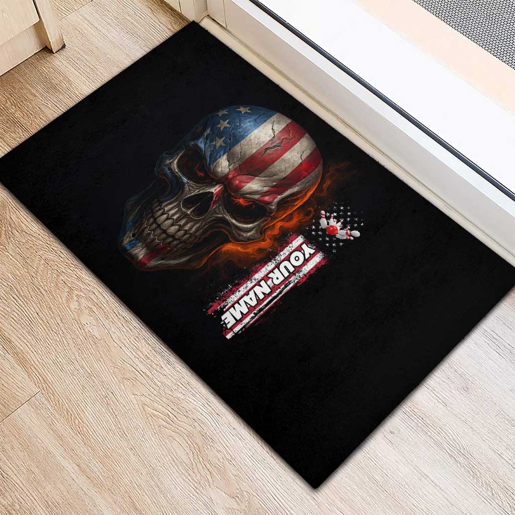 Custom American Flag Skull Rubber Doormat with Bowling Pins Flame Effect and Grunge Pattern - Wonder Print Shop