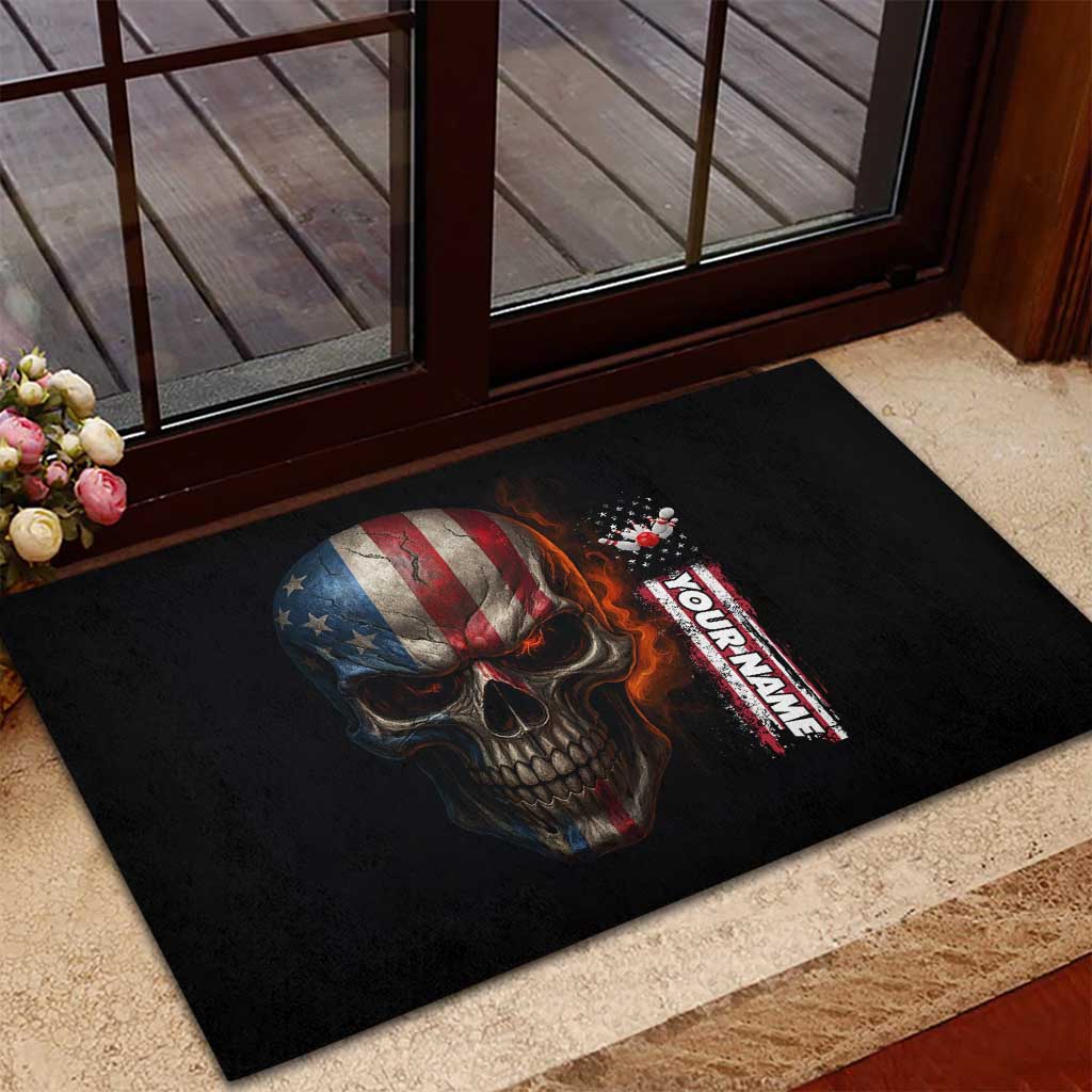 Custom American Flag Skull Rubber Doormat with Bowling Pins Flame Effect and Grunge Pattern - Wonder Print Shop
