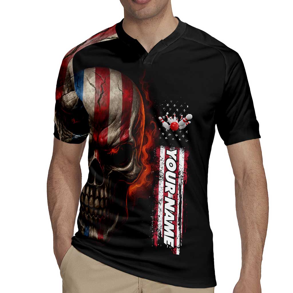 Custom American Flag Skull Rugby Jersey with Bowling Pins Flame Effect and Grunge Pattern - Wonder Print Shop