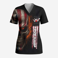 Custom American Flag Skull Scrub Top with Bowling Pins Flame Effect and Grunge Pattern - Wonder Print Shop
