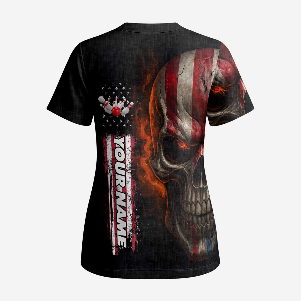 Custom American Flag Skull Scrub Top with Bowling Pins Flame Effect and Grunge Pattern - Wonder Print Shop