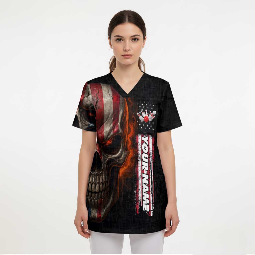 Custom American Flag Skull Scrub Top with Bowling Pins Flame Effect and Grunge Pattern - Wonder Print Shop