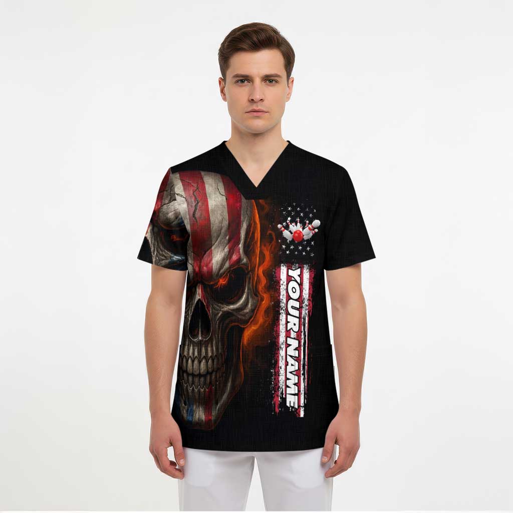 Custom American Flag Skull Scrub Top with Bowling Pins Flame Effect and Grunge Pattern - Wonder Print Shop