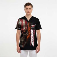 Custom American Flag Skull Scrub Top with Bowling Pins Flame Effect and Grunge Pattern - Wonder Print Shop