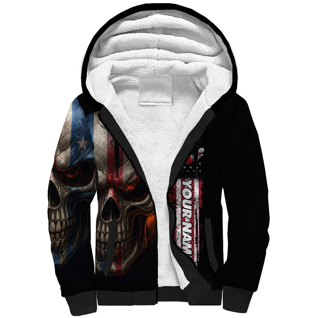 Custom American Flag Skull Sherpa Hoodie with Bowling Pins Flame Effect and Grunge Pattern - Wonder Print Shop