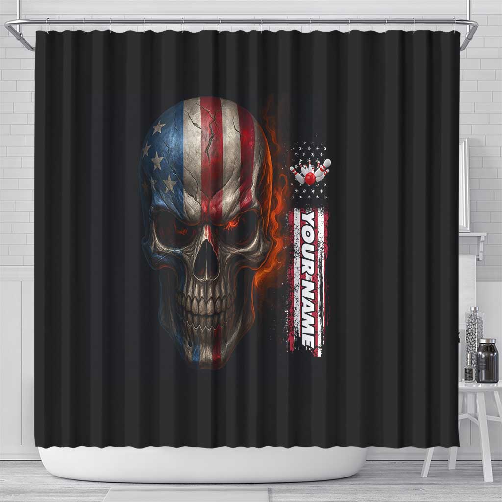 Custom American Flag Skull Shower Curtain with Bowling Pins Flame Effect and Grunge Pattern - Wonder Print Shop