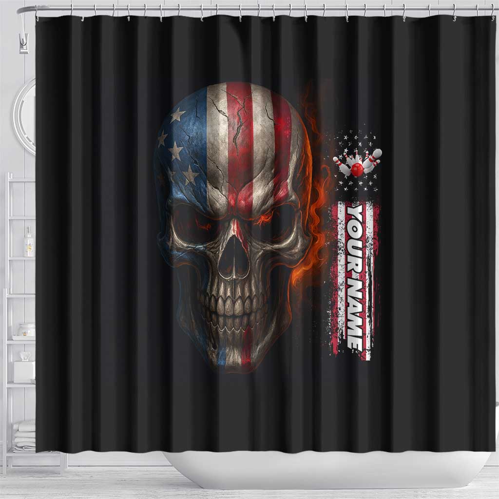 Custom American Flag Skull Shower Curtain with Bowling Pins Flame Effect and Grunge Pattern - Wonder Print Shop