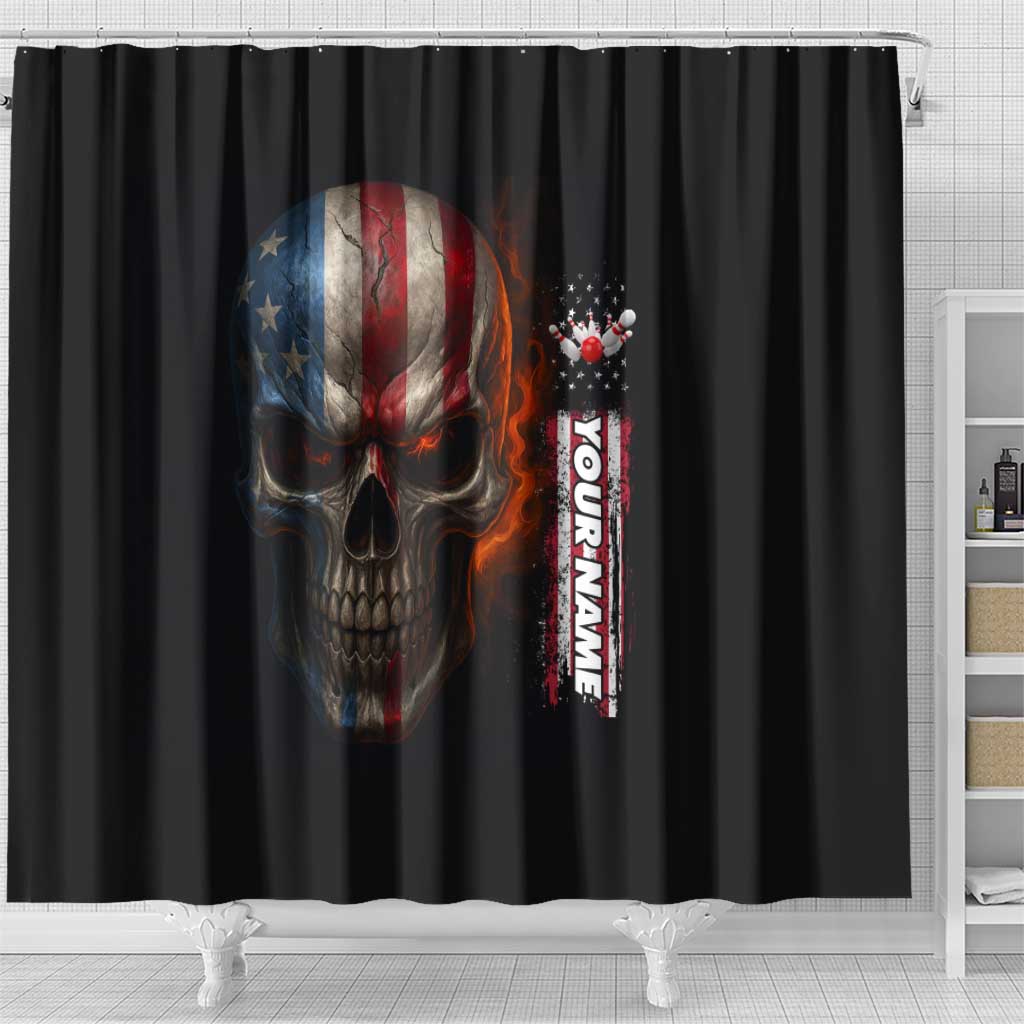Custom American Flag Skull Shower Curtain with Bowling Pins Flame Effect and Grunge Pattern - Wonder Print Shop