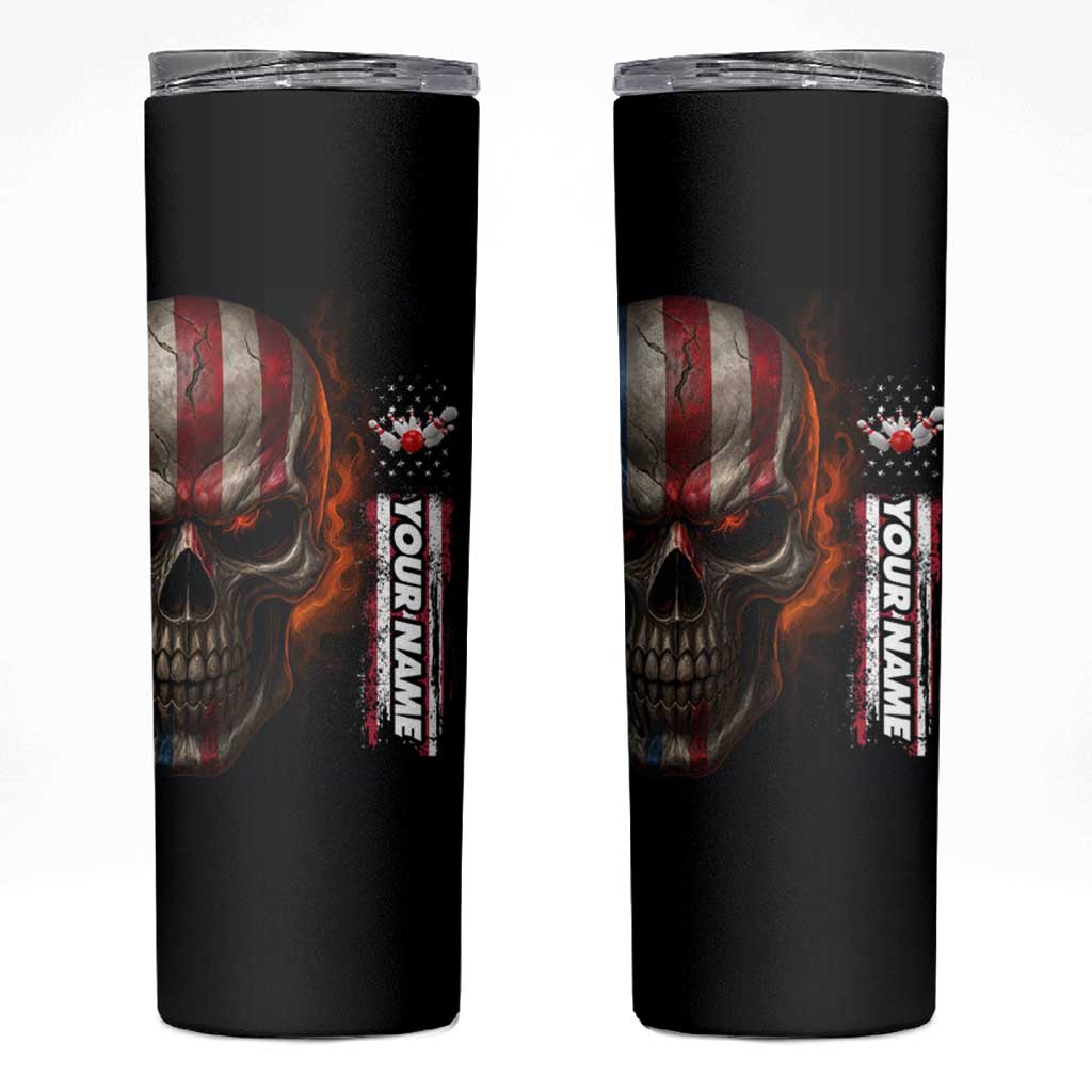 Custom American Flag Skull Skinny Tumbler with Bowling Pins Flame Effect and Grunge Pattern - Wonder Print Shop