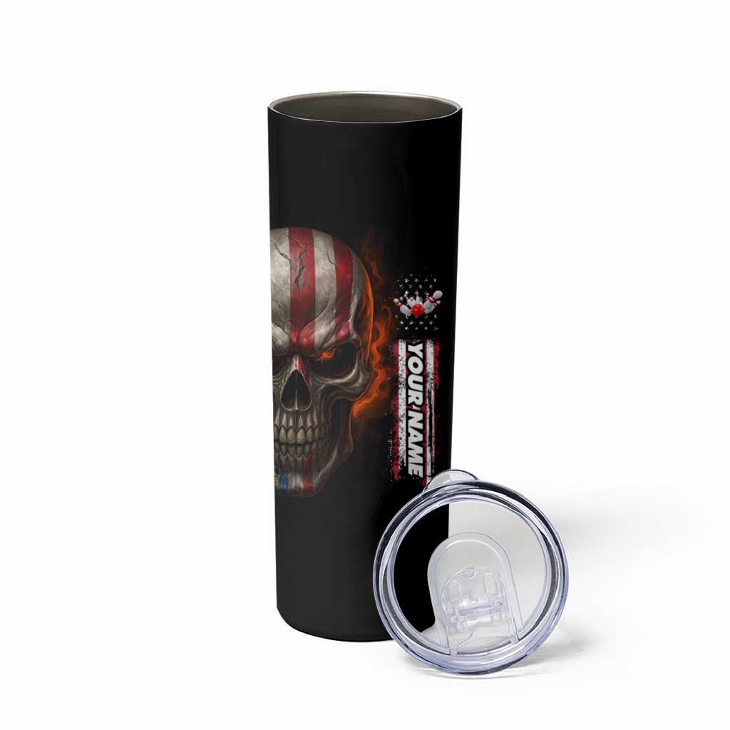 Custom American Flag Skull Skinny Tumbler with Bowling Pins Flame Effect and Grunge Pattern - Wonder Print Shop
