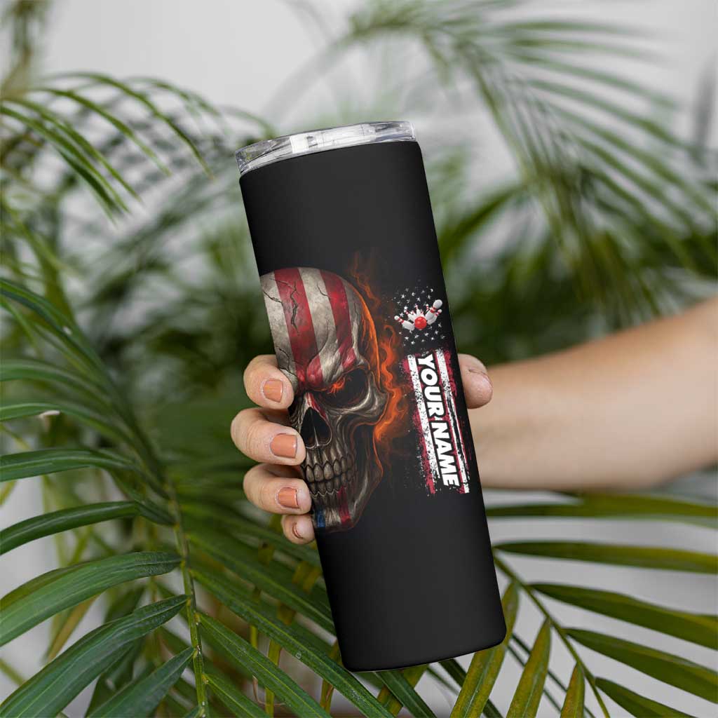 Custom American Flag Skull Skinny Tumbler with Bowling Pins Flame Effect and Grunge Pattern - Wonder Print Shop