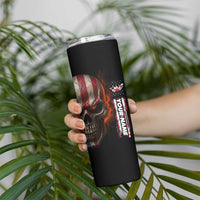 Custom American Flag Skull Skinny Tumbler with Bowling Pins Flame Effect and Grunge Pattern - Wonder Print Shop