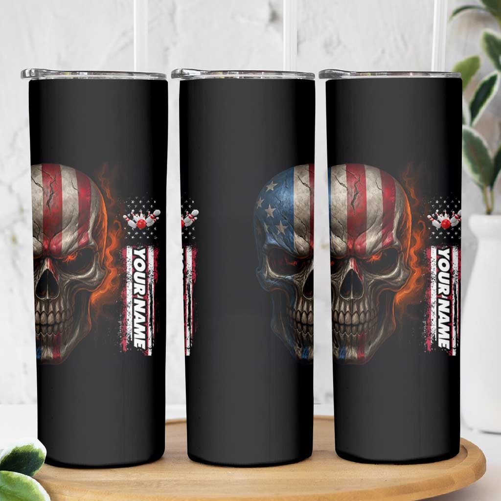 Custom American Flag Skull Skinny Tumbler with Bowling Pins Flame Effect and Grunge Pattern - Wonder Print Shop