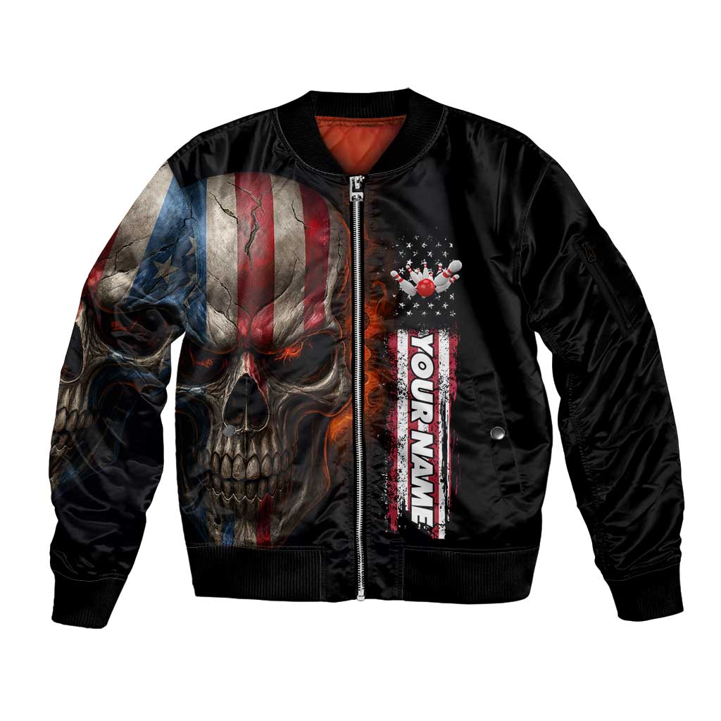 Custom American Flag Skull Sleeve Zip Bomber Jacket with Bowling Pins Flame Effect and Grunge Pattern - Wonder Print Shop