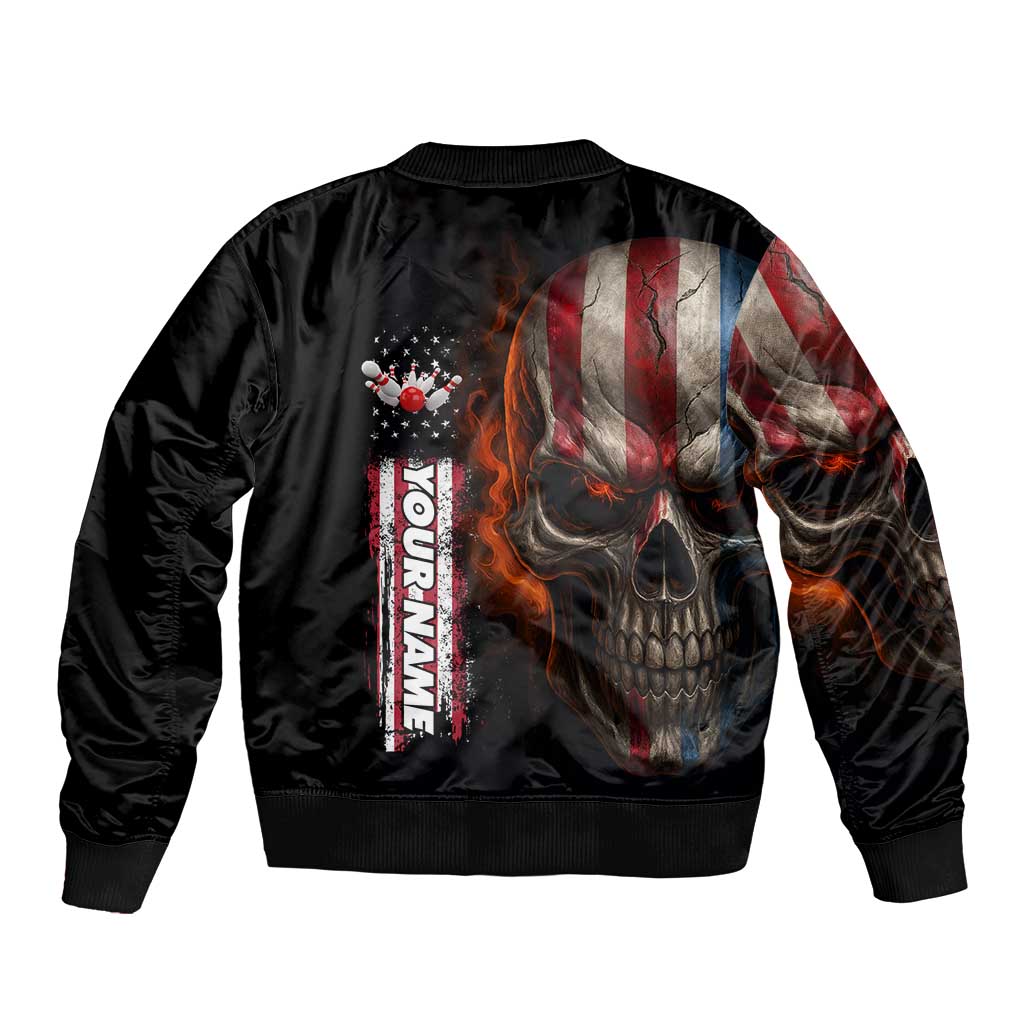 Custom American Flag Skull Sleeve Zip Bomber Jacket with Bowling Pins Flame Effect and Grunge Pattern - Wonder Print Shop