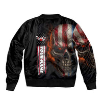 Custom American Flag Skull Sleeve Zip Bomber Jacket with Bowling Pins Flame Effect and Grunge Pattern - Wonder Print Shop