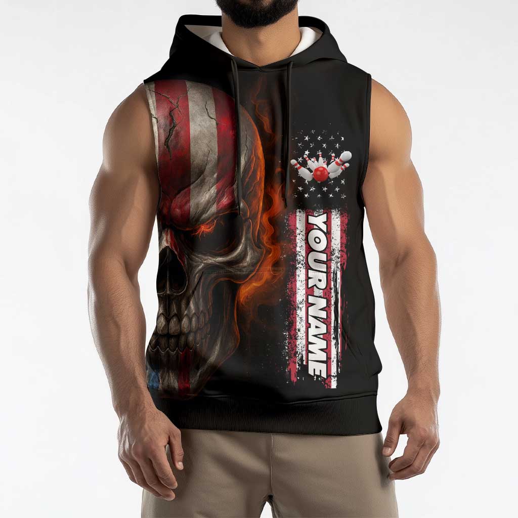 Custom American Flag Skull Sleeveless Hoodie with Bowling Pins Flame Effect and Grunge Pattern - Wonder Print Shop