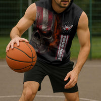 Custom American Flag Skull Sleeveless Hoodie with Bowling Pins Flame Effect and Grunge Pattern - Wonder Print Shop