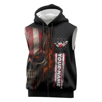 Custom American Flag Skull Sleeveless Zip Hoodie with Bowling Pins Flame Effect and Grunge Pattern - Wonder Print Shop