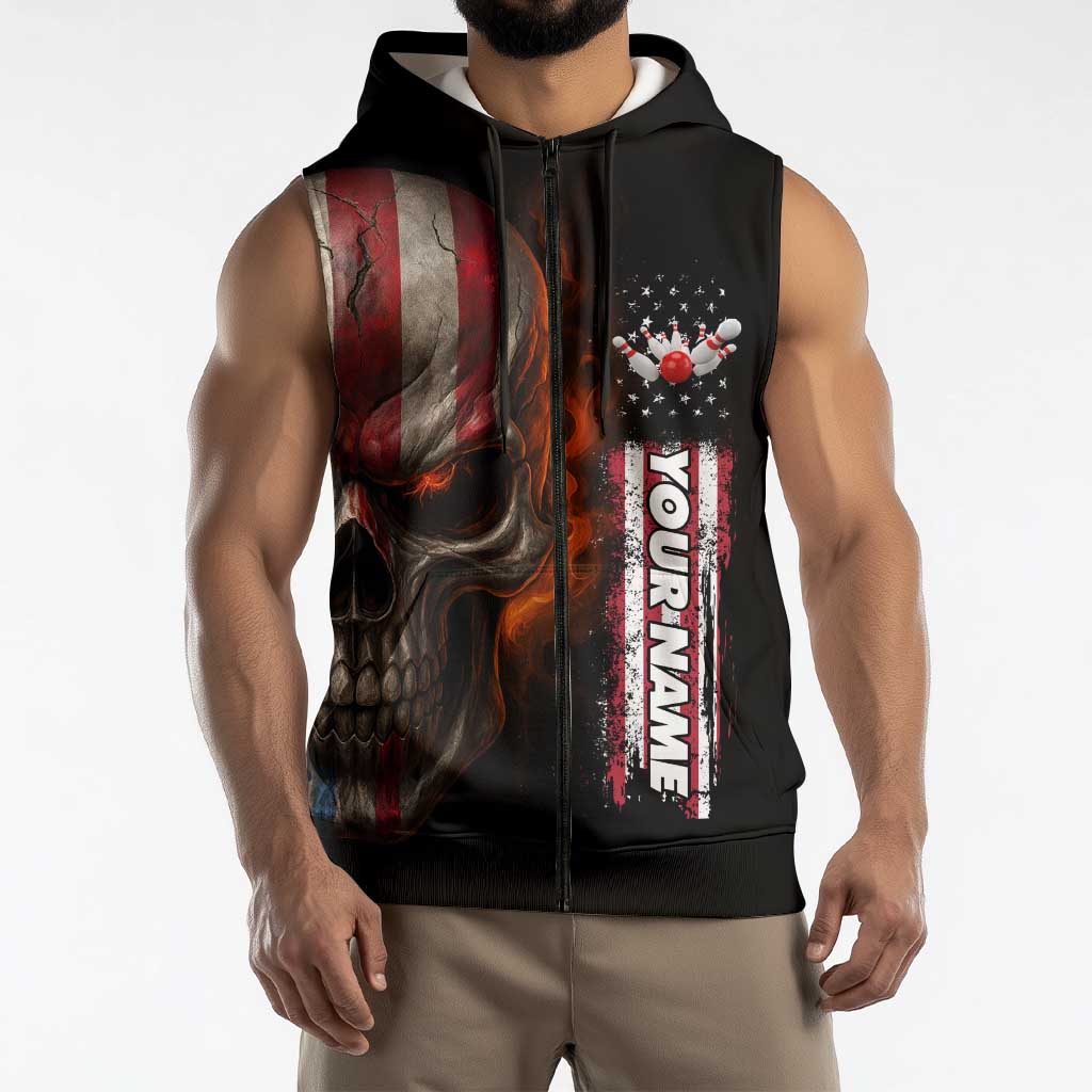 Custom American Flag Skull Sleeveless Zip Hoodie with Bowling Pins Flame Effect and Grunge Pattern - Wonder Print Shop