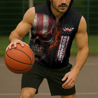 Custom American Flag Skull Sleeveless Zip Hoodie with Bowling Pins Flame Effect and Grunge Pattern - Wonder Print Shop