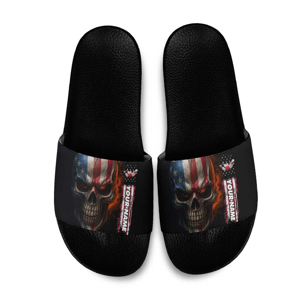 Custom American Flag Skull Slide Sandals with Bowling Pins Flame Effect and Grunge Pattern - Wonder Print Shop